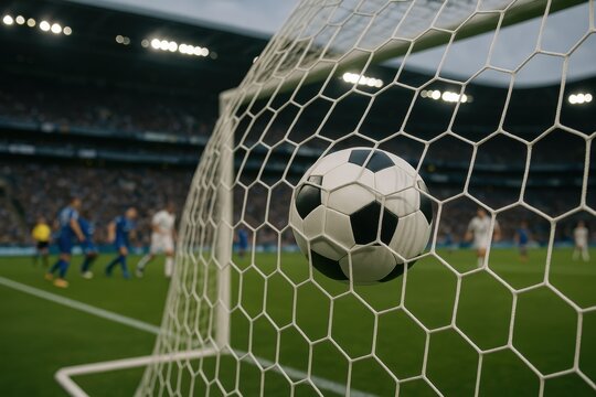 Soccer ball perfectly positioned in goal net after successful penalty kick or match-winning shot