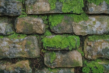 Fototapeta premium Close-up of old stone wall covered with vibrant green moss and small plants growing in the cracks, showing texture and natural aging