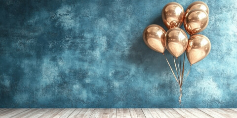 Cluster of shiny gold balloons floats against textured blue wall, creating festive and elegant atmosphere. wooden floor adds rustic touch to scene