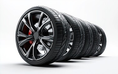 Set of five black car tires with shiny alloy wheels and visible brake discs arranged in a row against a white background