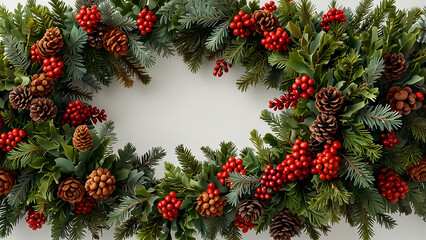 Festive christmas wreath with pinecones and red berries