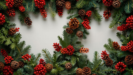 Festive christmas garland with pinecones and red berries