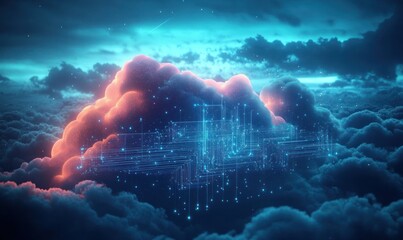 Glowing cloud with digital circuitry patterns illuminated by soft blue and orange light surrounded by a mystical cloudy sky, evoking a futuristic and serene atmosphere