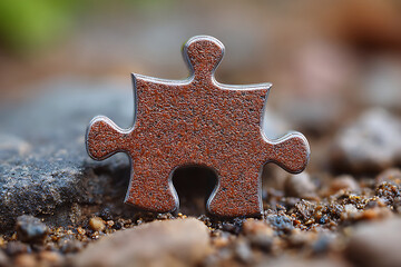 Puzzle Piece Stands Alone Among Gravel on a Bright Day With Soft Natural Light Highlighting Its Texture