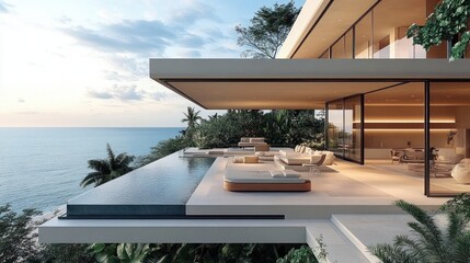 Modern luxury house with infinity pool overlooking calm ocean at sunset surrounded by lush tropical greenery