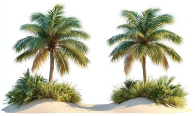 two lush palm trees with green fronds growing on sandy mounds surrounded by dense green shrubs against a white background
