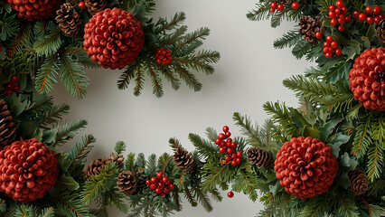Festive christmas wreath with red ornaments and pinecones