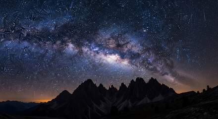Starry night sky above silhouette of mountain range, long exposure effect, no light pollution