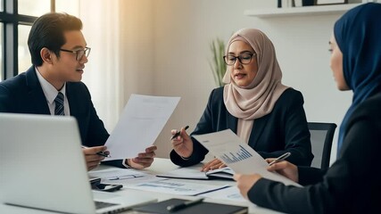 Diverse Business Team Reviewing Documents Around a Table in a Bright Office Setting - Powered by Adobe