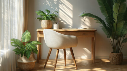 Cozy home office with wooden desk and comfortable chair is adorned with lush green plants, creating serene and inviting atmosphere. Sunlight filters through sheer curtains, casting gentle shadows