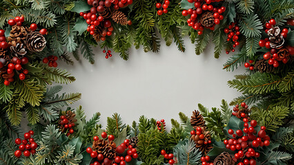Festive christmas wreath with pinecones and red berries