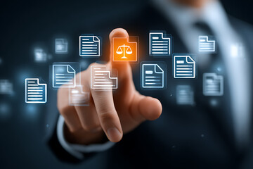 Digital Legal Framework Created With Virtual Documents and a Justice Scale at a Modern Office