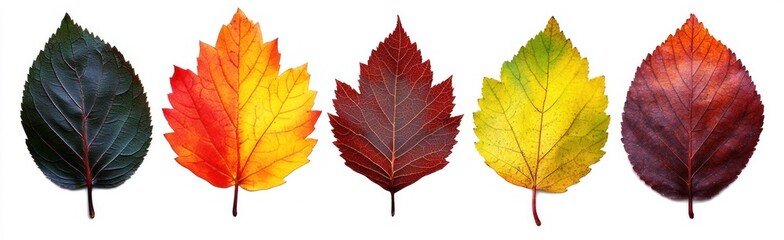 Fototapeta premium Five individual autumn leaves arranged in a row showing a gradient of colors from dark green to bright red, orange, yellow, and deep maroon on a white background