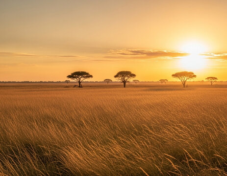 Vast savanna under golden sunlight, tall dry grass swaying gently, warm and open space