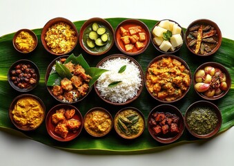Traditional assorted Indian meal served on a large green banana leaf with white rice, diverse vegetable and lentil curries, pickles, and fried snacks in small bowls, vibrant colors