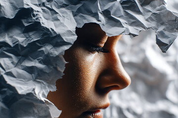 Captivating Portrait of a Woman Framed by Crumpled Paper Showcasing Tranquility and Depth in Expression