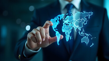 Businessman interacting with a futuristic digital world map projection