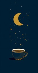 Cute night illustration of coffee cup with moon and stars on dark blue background