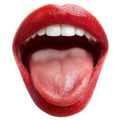 Pop art red lips with licking tongue concept. Open mouth with red lips and tongue visible for artistic expression.