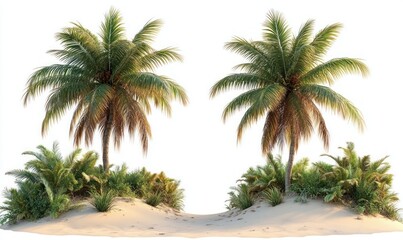 Fototapeta premium Two lush palm trees with green and brown fronds on sandy mounds surrounded by tropical bushes and plants against a white background
