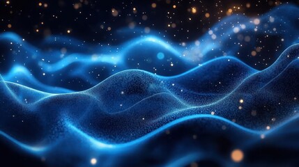 Abstract glowing blue wave pattern with small particles floating against dark background, evoking a sense of motion and futuristic digital landscape