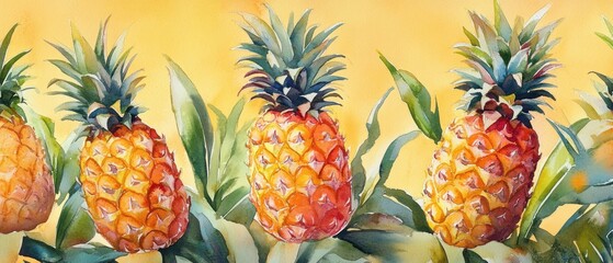 Close-up watercolor painting of ripe pineapples with green leaves against a warm yellow background, showcasing bright, textured fruit details
