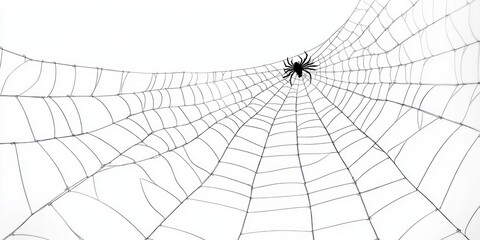 Obraz premium Close-up of a spider sitting in the center of an intricate spider web against a plain white background, showcasing delicate web patterns and fine silk threads