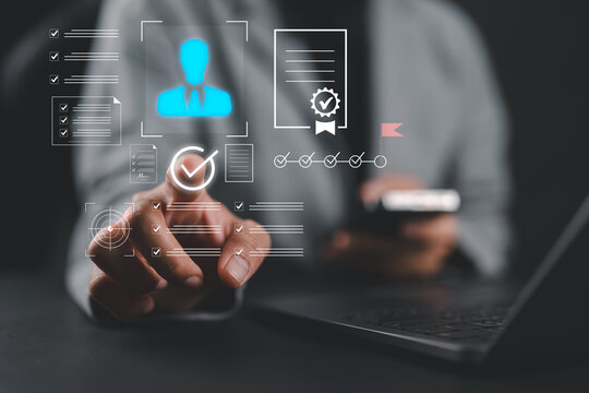 Businesswoman using smart technology to verify digital identity, KYC documents, and approve online profiles, representing secure authentication and onboarding in digital business