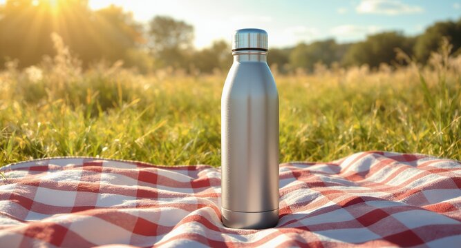 Outdoor picnic scene with a silver water bottle on a checkered blanket