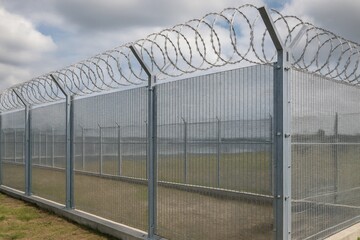 Fototapeta premium Industrial security perimeter with reinforced metal barriers and protective razor wire fencing