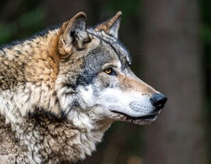 Fototapeta premium Close-up profile of a wolf in forest
