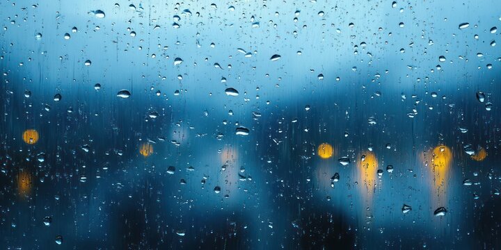 Raindrops clinging to a glass window with blurred warm city lights in the background creating a calm and reflective mood