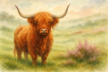 Majestic Highland cow with flowing red hair standing in misty Scottish countryside meadow