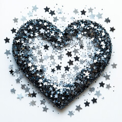 Heart shape made of black and silver star confetti creates sparkling and festive design, perfect for celebrations or romantic themes. contrast between dark and light stars adds depth and elegance
