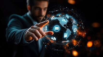 Man in suit interacting with holographic digital globe displaying various technology icons and data points in a futuristic dark environment