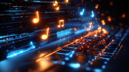 Glowing digital music notes floating above a backlit computer keyboard with vibrant blue and orange light effects and particles