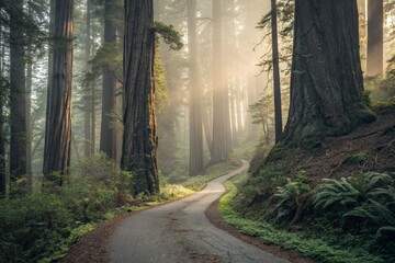 Obraz premium Winding Woodland Trail: Peaceful Nature Panorama