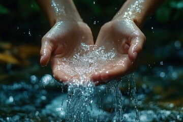 Pair of cupped hands catching clear flowing water with droplets splashing in a natural outdoor setting conveying freshness and purity