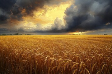 Golden wheat field under dramatic stormy sky with dark clouds and glowing sunset light on the horizon