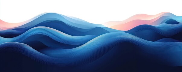 Fototapeta premium Digital art of smooth layered blue waves resembling ocean waves under soft pink and peach sunrise or sunset sky evoking calm and peaceful feeling