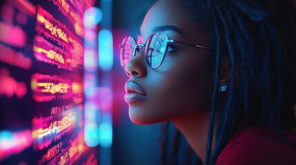 Close-up profile of a focused young woman wearing glasses reflecting colorful neon code on a screen in a dark environment