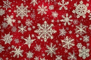 Various white snowflakes of different sizes and shapes scattered over a bright red background, creating a festive and cheerful winter holiday atmosphere