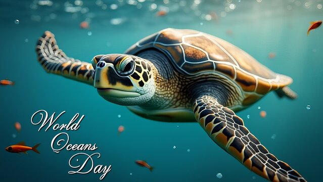 Sea turtle swims gracefully underwater for world oceans day celebration