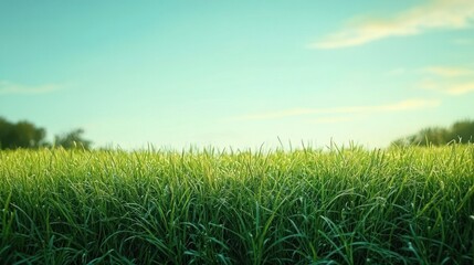 Obraz premium Lush green grass field under a bright blue sky with soft white clouds on a sunny day