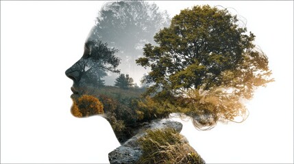 Head Silhouette Filled With Nature Scenes Symbolizes Mental Growth and Tranquility, Showcasing Vivid Landscapes With Clear Space on the Right Side