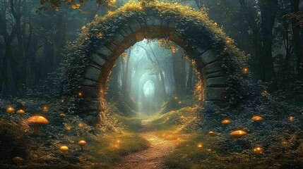 Enchanted forest path glowing with fairy lights, stone archway covered in vines and mushrooms scattered along the mysterious trail surrounded by tall trees in soft light