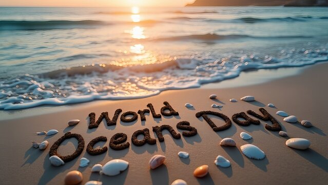 World oceans day is celebrated on a sandy beach at sunset