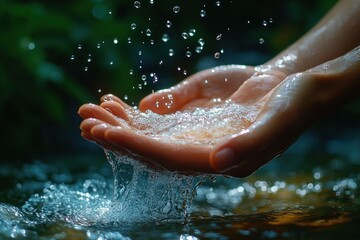 Close-up of human hands catching and holding flowing water droplets over a water surface with a blurred natural green background, evoking freshness and purity
