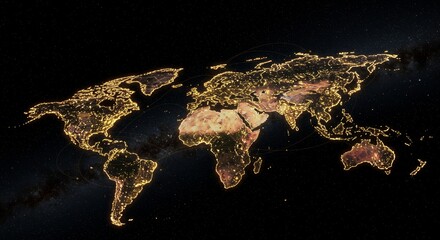 Earth at night illuminating urban sprawl with city lights across the globe