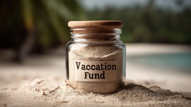 Glass jar labeled 'Vacation Fund' sitting on sand with a tropical background, saving for travel goals